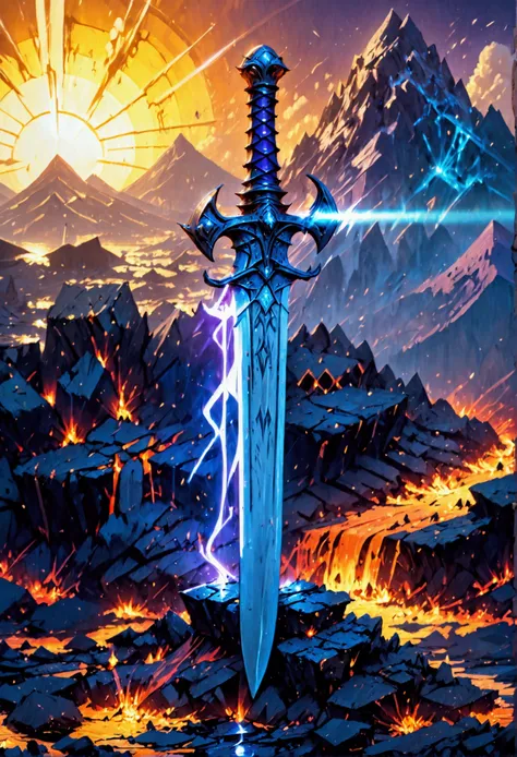 an giant sized sword surrounded with blue flame  stands on its point in volcano, a masterful sword made from diamond, epic sword...