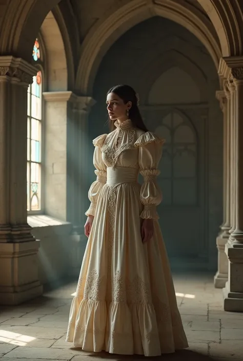 Woman in a Victorian dress in a monastery, full body 