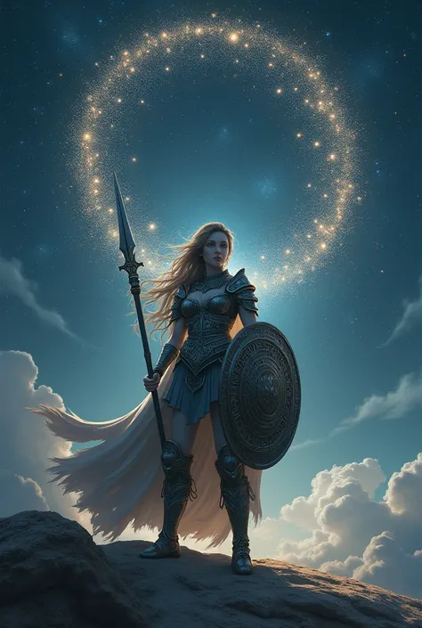  the stars forming a dotted image, a woman using a spear and a shield 