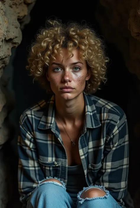 photograph of a woman, (troubled facial expression), textured skin, goosebumps, blonde afro hair, plaid flannel shirt with distressed boyfriend jeans, cowboy shot, dark and mysterious cave with unique rock formations and hidden wonders, perfect eyes, (cand...