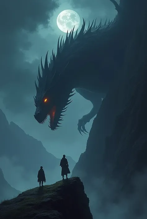 A dark and intense scene of a lone man standing on a mountain peak at night. The man is small and silhouetted against the dark sky, showing the immense scale of the scene. He faces a massive, menacing dragon approaching from the sky, wings spread wide, wit...