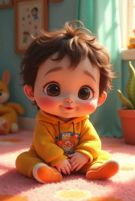 Baby with small, slanted eyes, very short and curly hair, brown hair and white skin, with a very cute baby lonney tunes outfit, sitting on the floor in the Disney style 