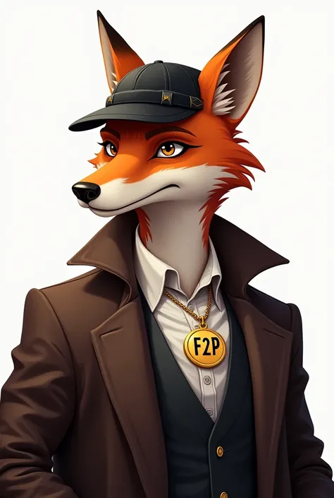 Create a man with a fox face, without showing much of the neck, turned slightly to the left, with black cap, wearing a dark brown overcoat and a white shirt and with a large gold necklace that says F2P. The image background can be white and the image can b...