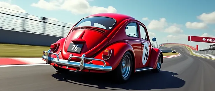 an old Beetle model car, cherry red color,  with the number 76 on the gate and a youtube banner on a race track

needs to have a youtube banner on the track 


