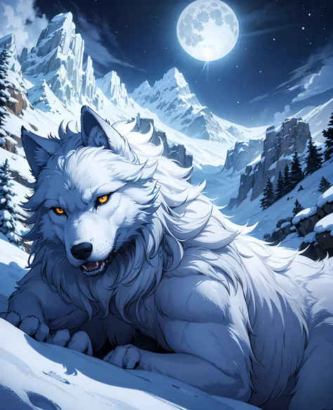 A majestic snow wolf, detailed fur, piercing eyes, stunning winter landscape, snow-covered mountains, full moon, dramatic lighting, cinematic composition, fantasy art, digital painting, 8k, highly detailed, photorealistic