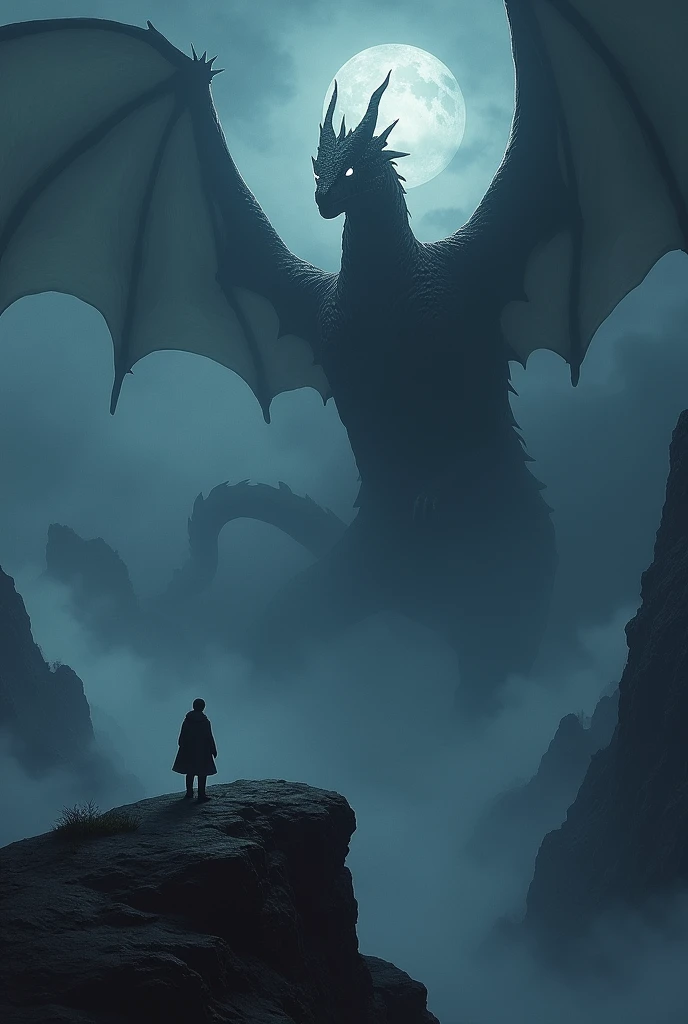 A dark and intense scene of a lone man standing on a mountain peak at night. The man is small and silhouetted against the dark sky, showing the immense scale of the scene. He faces a massive, menacing dragon approaching from the sky, wings spread wide, wit...