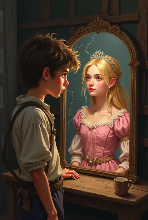 Create a 17-year-old boy from the medieval era dressed as a peasant looking at himself in the mirror reflecting his image in the mirror as a blonde princess wearing a pink dress..