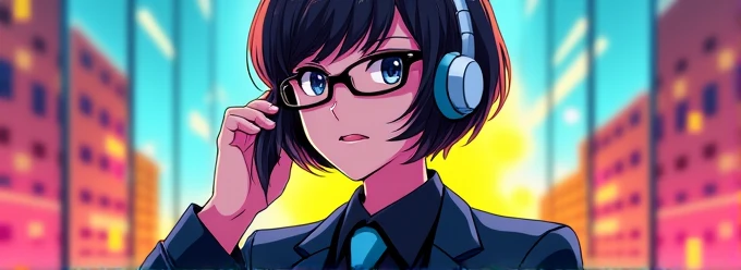 colorful manga style avatar, character in a black suit, headset, Short hair and glasses