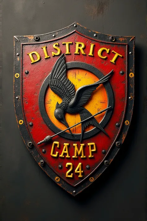 A shield for a 75th Anniversary Camp of District 24 to be displayed with lettering, With a theme of the 75th Hunger Games Mockingjay Vassalage
