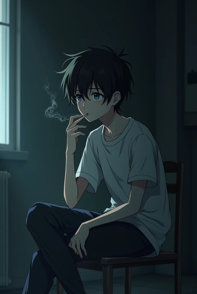 Sad anime boy smoking 