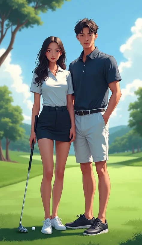 Make a picture of a man and woman golf players standing together on the field, Nice pose, Female models wear short skirts, golf outfits, Make it a precise picture, sexy korean female model, Golf Ball Golf Club, Make it a real picture, Make your eyes cleare...