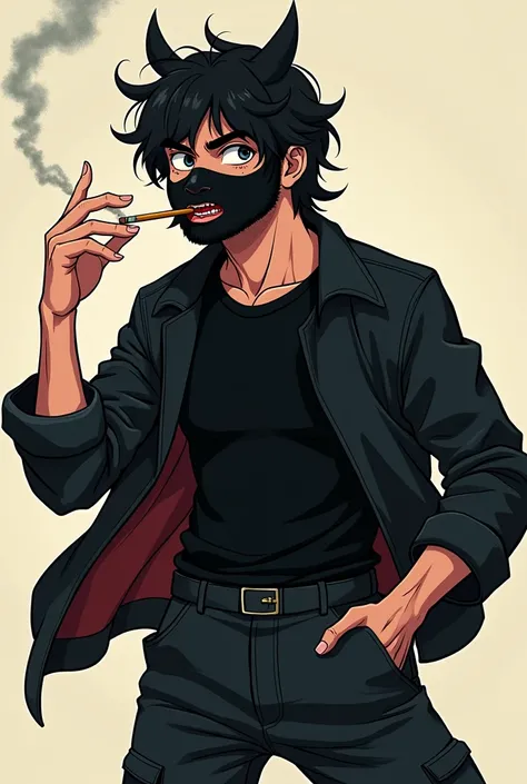 young man with 80s wavy hair, a little beard on the chin, 2 cigarettes in his mouth and a black Asian demon mask only on his mouth, whole body with a black shirt, a black overshirt over his shoulders and black cargo pants, animated art