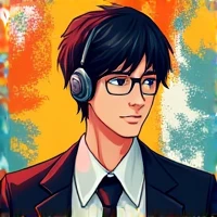 colorful manga style avatar, male character in black suit, headset, Short hair and glasses