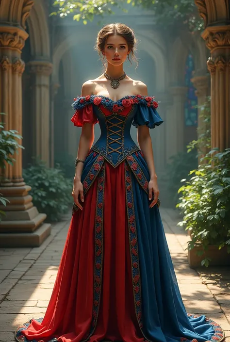 Woman in a red and blue Victorian dress with a corset in a full body shot at a monastery 