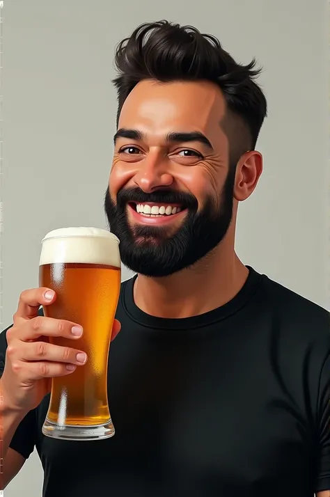 a dark-haired man of 39 years old, with dark hair, a bearded man, eyes black,  black jersey, with a glass of beer in his right hand, happy face, be standing, focus on the beer glass. Very realistic 