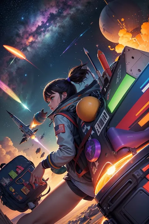 digital art of a stylized rocket taking off, surrounded by colorful planets and stars, include backpacks, pencils, pens, rulers, glue, eraser, scissors, school supplies. use colors: dark blue, orange, purple and green.