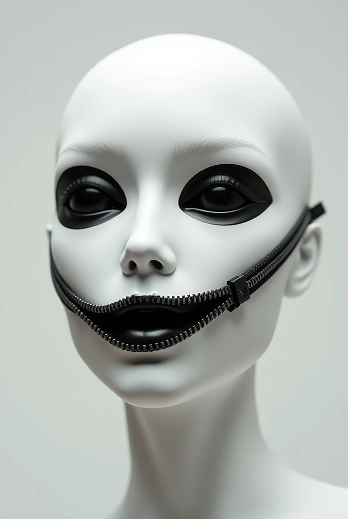 A white human face mask with black eyelids and black lips. The mouth is a zipper.