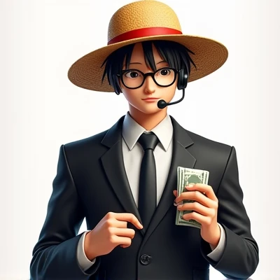 Avatar with a One Piece Luffy hat, de terno preto, Eyeglasses, headset and holding bills, written at the bottom "Lionel NFT"