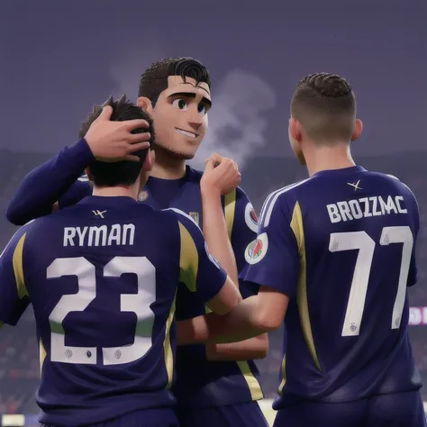 number 23 name Ayman, numero 77 nome Brozovic, famous football player cristiano ronaldo i want you to focus on his face,high qualiy, best qualityer, Pixar-style 
