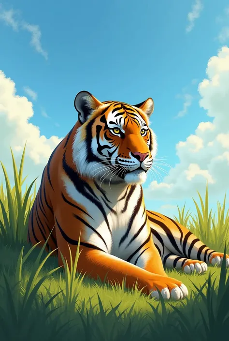 tiger sitting in green grass with blue sky and air is moving from side 
it should be digital painting 