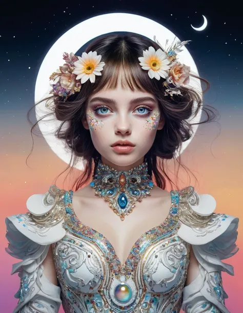 young music goddess sitting on a shining young crescent moon, hyperdetailed airbrushing, Digital art, fantasy art, artistic portrait of that, which doesnt even exist, Detailed fur, ((WHITE + background)), warm colors, floral watercolor technique, fairy, pa...