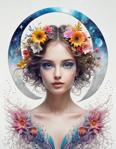 young music goddess sitting on a shining young crescent moon, hyperdetailed airbrushing, Digital art, fantasy art, artistic portrait of that, which doesnt even exist, Detailed fur, ((WHITE + background)), warm colors, floral watercolor technique, fairy, pa...