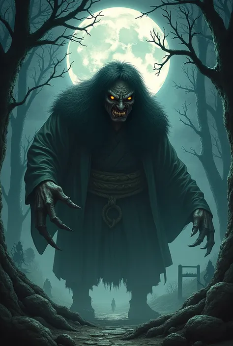 Create a detailed and atmospheric illustration of a traditional Japanese yasha or ogre. The scene should evoke a sense of ancient folklore and horror, featuring a menacing yasha or ogre with traditional Japanese attire and features. The background should i...