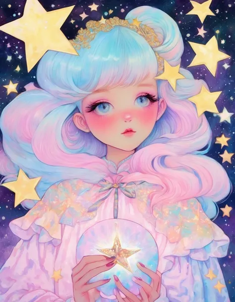 the image of the girl holding a star is placed in the background, in the style of rococo pastel hues, temmie chang, harumi hiron...