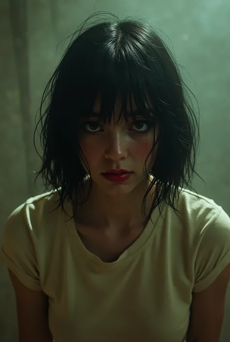 70s setting, grainy film, ultra-detailed, realistic, wallpaper, abstract, desperate tremor, sexual exhausted, hard breath, loosing control, hazy, sweat, desperation, t-shirt, void, red lips, noir, messy wet hair, bob cut,