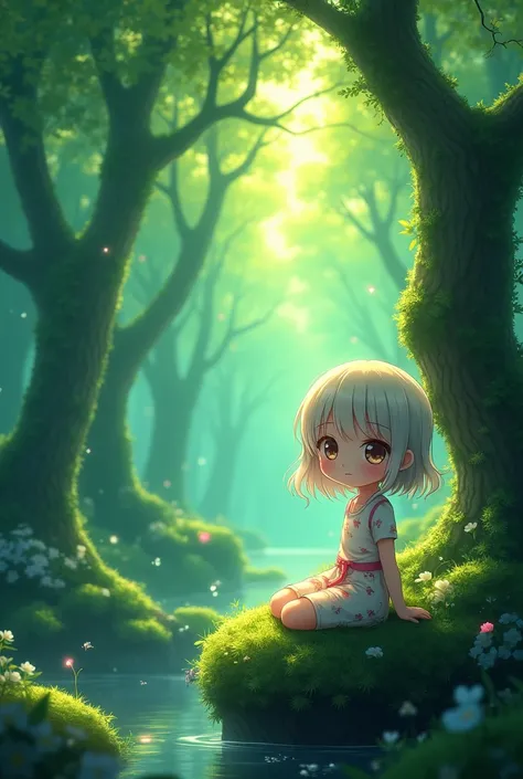 "Design a captivating phone wallpaper featuring a lush, vibrant green forest with tall, ancient trees covered in soft moss and illuminated by gentle rays of sunlight filtering through the leaves. In the foreground, place a cute anime girl with large, expre...