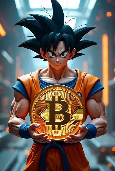 A futuristic, high-tech Goku holding a giant cryptocurrency coin, 1boy, extremely detailed face, detailed eyes, detailed lips, muscular body, detailed clothing, dragon ball themed, sci-fi, digital art, cinematic lighting, glowing details, neon colors, meta...