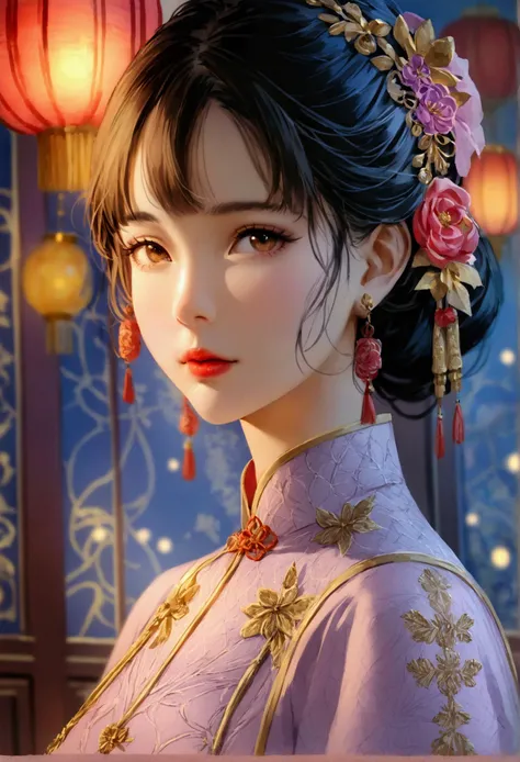 On the blueprint, she drew a full body photo of a Chinese girl wearing a light purple Chinese embroidered qipao wedding dress, set against lavender and violet as the background, with realistic clothing details, glittering golden ornaments, mixed with lace ...