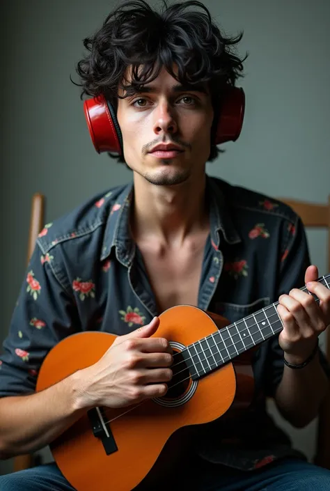 photo de profil, homme, cheveux noirs, frange, chemise à carreaux, ukulele, casque porté
