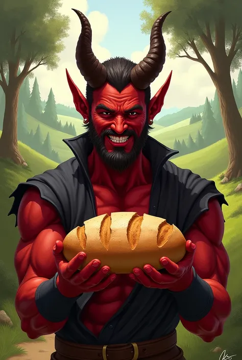 dnd, fantasy digital painting, tiefling male, holding a loaf of bread