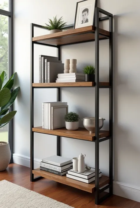 Create for me a 2-tier industrial double shelf measuring 40cm with brown wood and black support irons that will be in a beautiful office. 