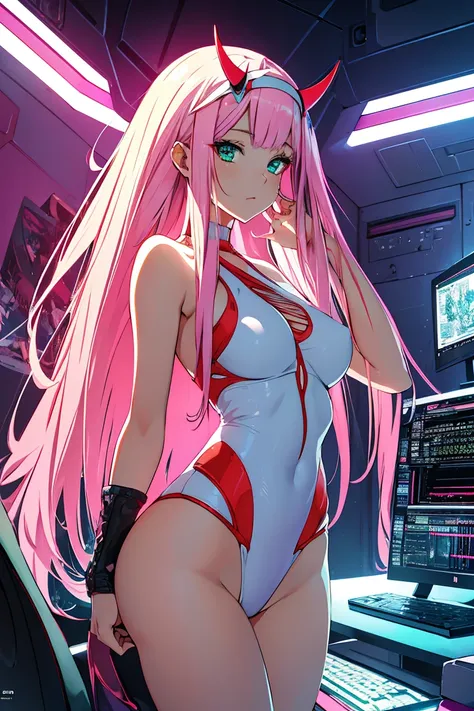 piece of art, maximum quality, best quality specialist, official art, beautiful and aesthetically pleasing, anime, 1 girl, zero two, extremely detailed, colorful, more detailed ((ultra details)), (highly detailed computer illustration), standing alone, pin...