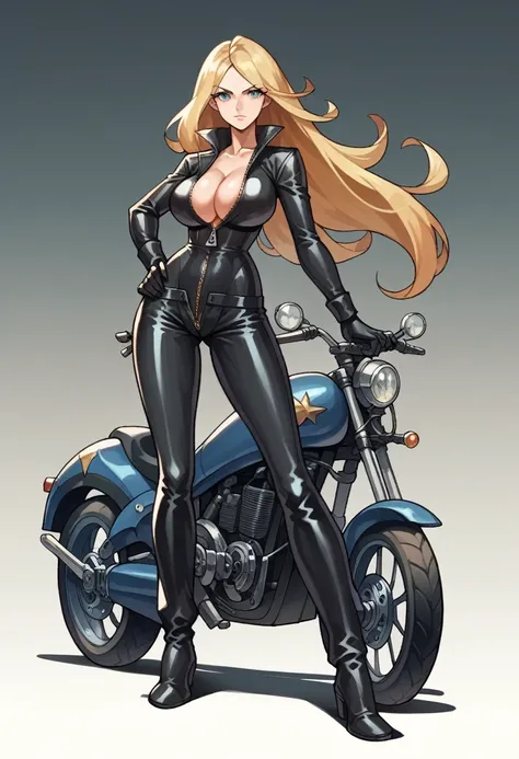 Masterpiece, best quality, Masterpiece, best quality, 1 woman, long blonde hair , Tight black leather motorcycle suit , unzipped , big breasts , abdomen , Long legs , Put your hands on your hips.. , boots , full body 