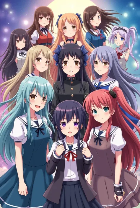 Create a wallpaper that is exactly like the characters where Miku Nakano appears,Itsuki Nakano,Megumin,Hinata Hyuga,Mitsuri Kanroji,Nezuko,Mikasa Akerman,Rei Ayanami,Tsukasa Tsukuyomi,Uzaki Chan,Shoko Komi,Aqua de Konosuba,yor forger
