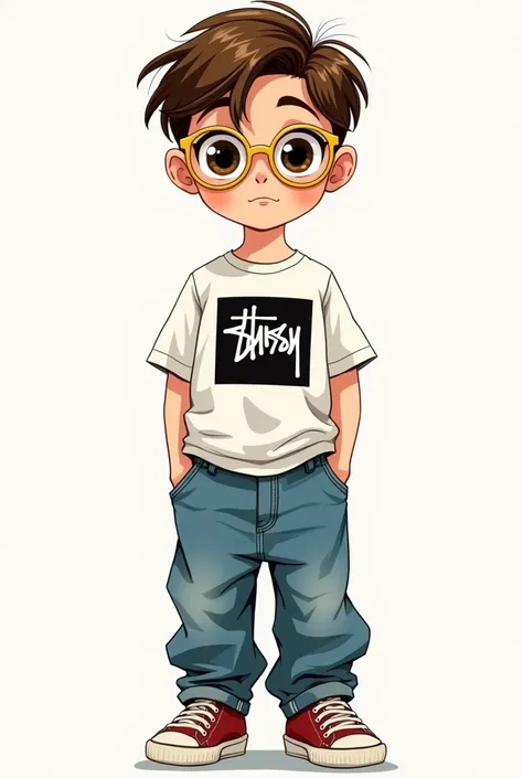 a drawing, style like Breely7s that he used on his channel, of a boy with brown hair and eyes, de oculos dourados com uma t shirt cropped e boxy com o box logo da stussy in paris preta e umas jeans baggy