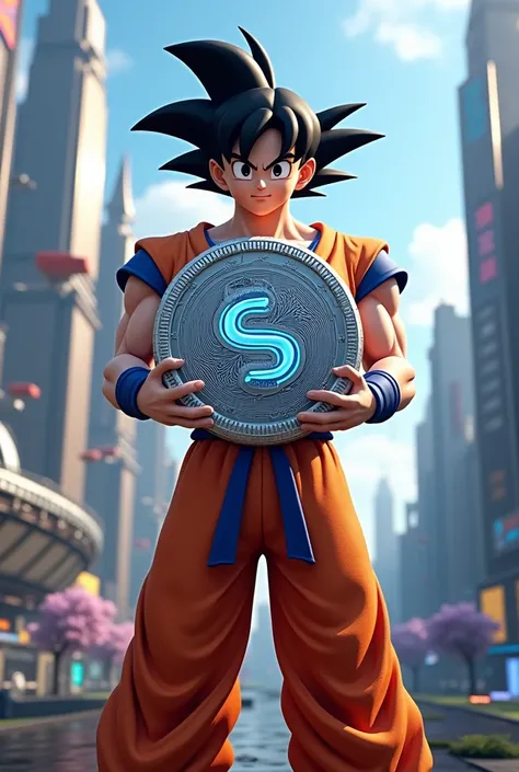 In dragonball z gukus earth use crypto currency.....draw a 3d representation of goku holding a really huge crypto coin.....make it futurelistic and dragon ball themed.....make the coin really futurelistic...with shenron theme