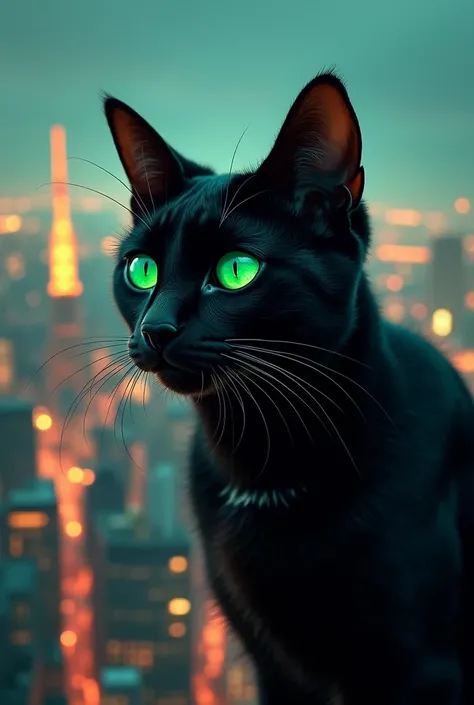 green eyed black cat with eyes shining towards the city