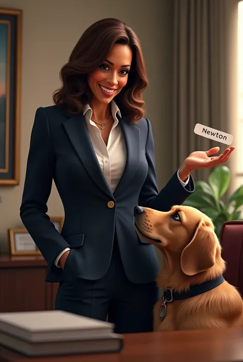 Kamala harris take pawlicy advisor dog newton in his hand. And keep $newton word in image