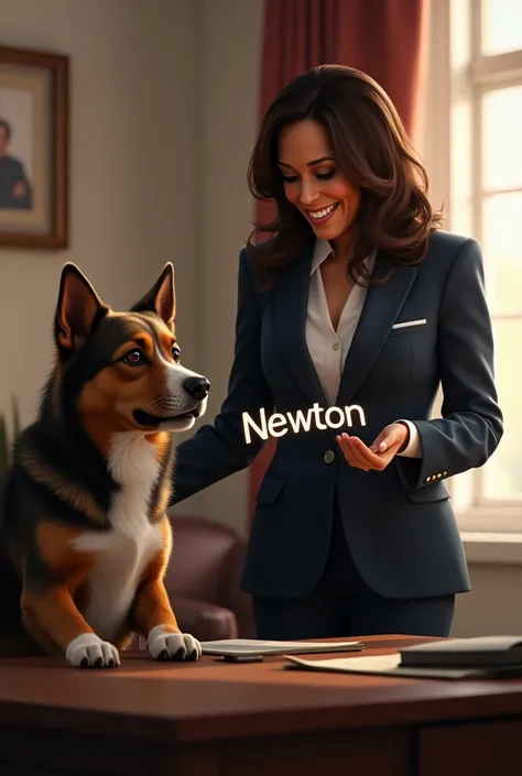 Kamala harris take pawlicy advisor dog newton in his hand. And keep $newton word in image