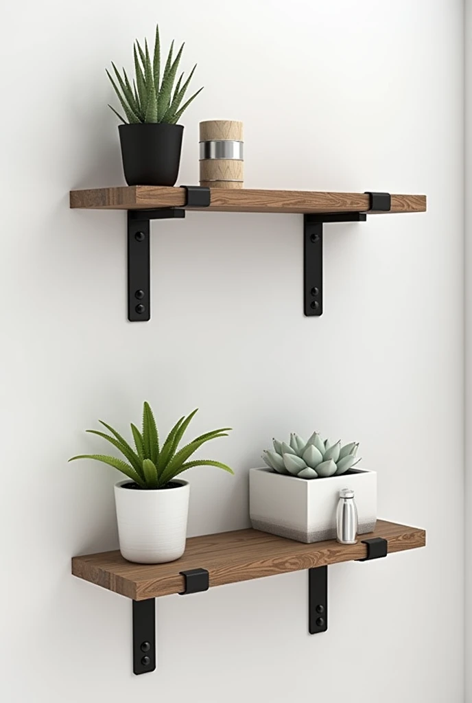 Create for me a small 2-tier industrial wall shelf with dimensions of 40 cm in length and 21 cm in depth, using brown wood of 15mm thickness and black support brackets with a height of 30 cm and a depth of 25 cm, to be placed in an office..