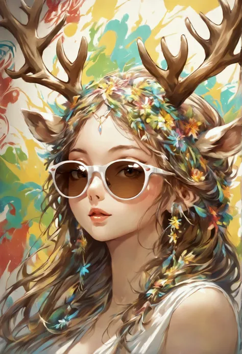 Deer in light brown white with sunglasses, pop art, graffiti 