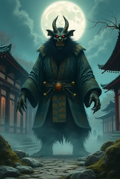 Create a detailed and atmospheric illustration of a traditional Japanese yasha or ogre. The scene should evoke a sense of ancient folklore and horror, featuring the yasha or ogre with traditional Japanese attire and features. The background should include ...