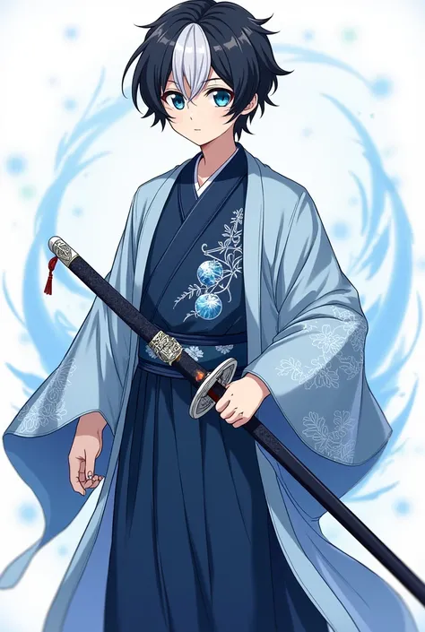 Create an image of a character, a boy, 19 yrs old, is a Hashira, Ice Hashira, has a calm and cute face like Muichiros and has  a sword, he wears hasira haori with design representing his ice breathing, a deep blue kimono with designs also, a dark blue haka...