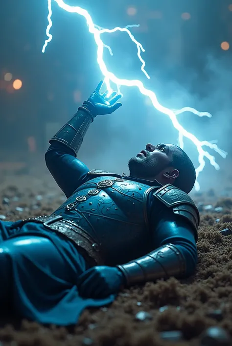 A warrior in blue armor with a closed blue helmet, dead on a battlefield, with a lightning bolt in his right hand. 
