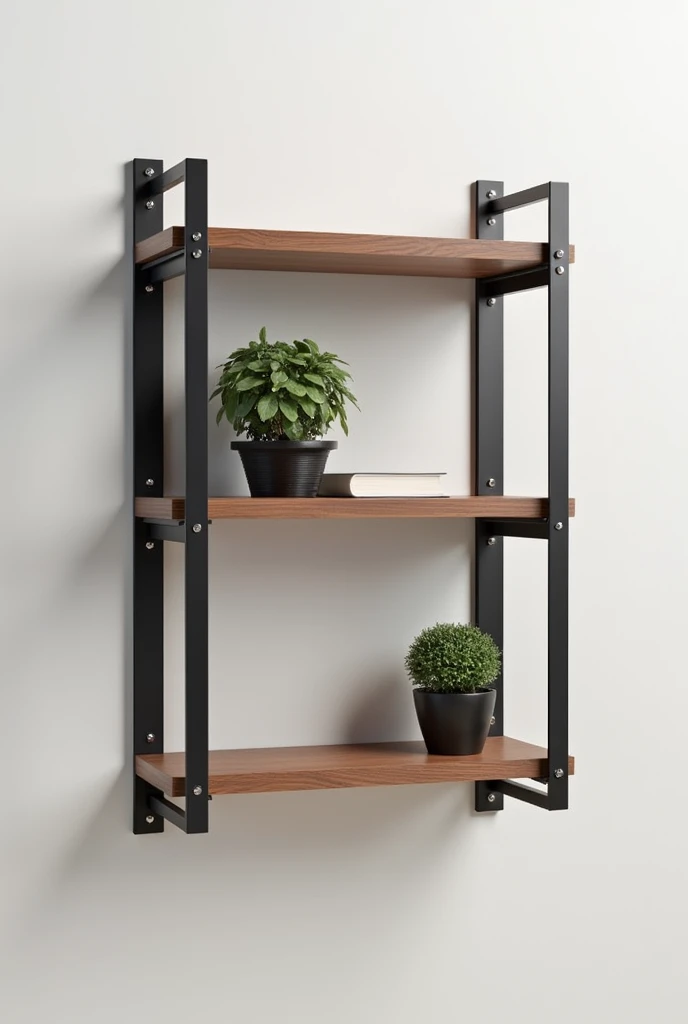 Create for me a small 2-tier industrial wall shelf with dimensions of 40 cm in length and 21 cm in depth, using brown wood with a thickness of 15mm and black support irons that are 30 cm in height and 25 cm in width.  This shelf should be placed in an offi...