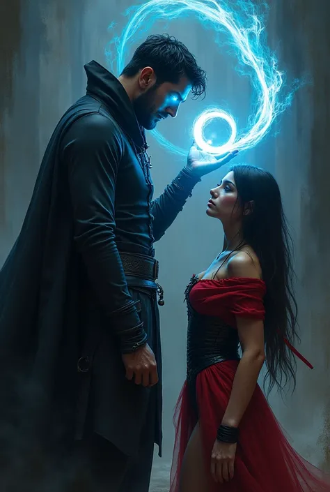 (a man with glowing blue eyes posing his hand on half masked ninja girl,he is creating hypnotic spiral from his hands in front of her face
She is ver hot sexy ninja in red black dress